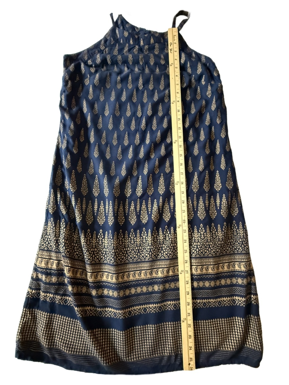 Lapogee Navy Blue Sleeveless Printed Midi Dress with Gold Motif. Large - Picture 4 of 8